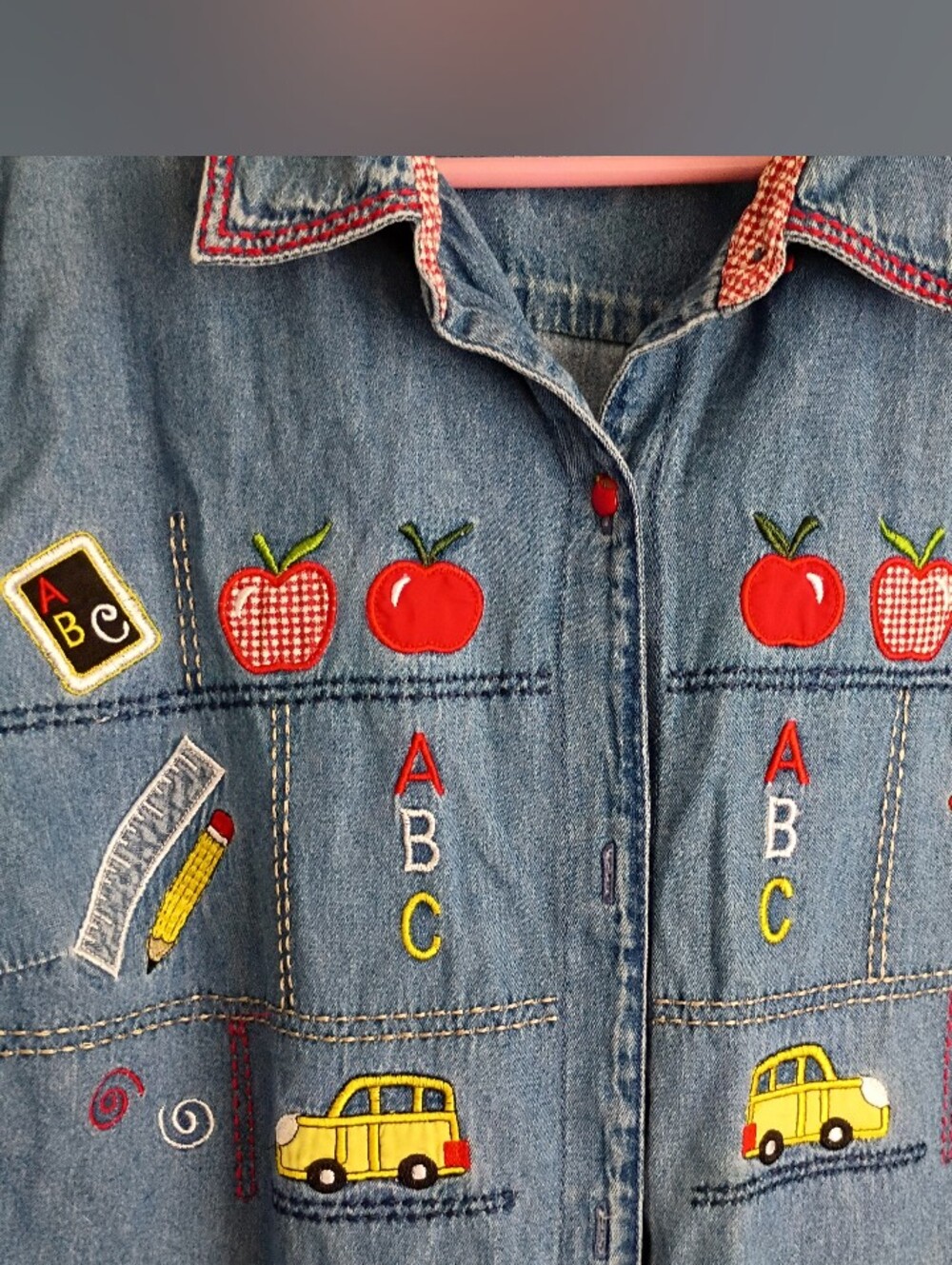 Vintage Embroider Applique ABC Teacher Educator School Demin Top Pencil Apple - Picture 4 of 9